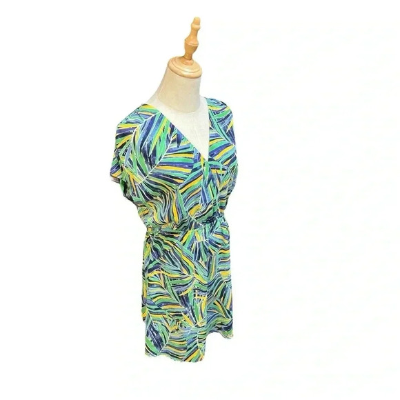 Halogen Tropical Jungle Cap Sleeve V-Neck Faux Wrap Blue Green Dress Size S - Picture 2 of 6